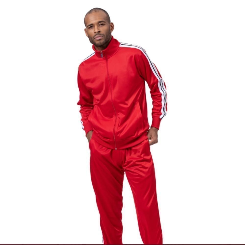 Men's Montique Red 2 Piece Sport Track Suit With Triple Side Stripe. Js27.